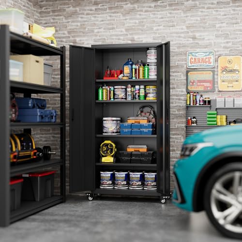 Metal Storage Cabinet with Wheels, 73"H Garage Storage Cabinet with 4 Adjustable Shelves and Locking Doors, Industrial Storage Cabinet for Garage Home Office Utility Room (Black)-Required Assembly Reemoon