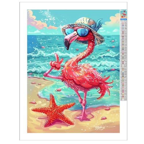 Movstrb Cartoon Animal Diamond Painting, Adult 5D Beach Flamingo with Sunglasses Diamond Painting Kit, DIY Diamond Embroidery Crafts Kit, Home Cafe Living Room Wall Art Decoration 12x12 Inch Movstrb