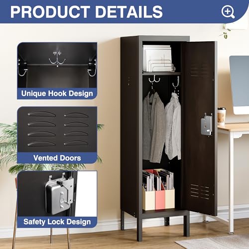 Anxxsu Metal Storage Locker, Lockable Employees Metal Locker with Door, 55" Height Steel Locker for Home, School, Office, Gym (Retro Black) Anxxsu