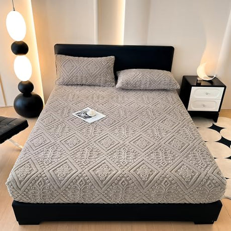 ZIQINPSQ Taffeta Velvet Jacquard Full Fitted Sheet - Luxury Bedding - Ultra-Soft, Quick-Heat, Anti-Static, 360° Mattress Protector, Gray, No Pillowcases ZIQINPSQ