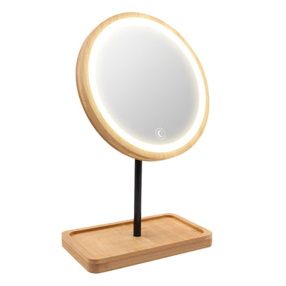 Kimikata LED Lighted Makeup Mirror Vanity Light Up Mirror with 3 Lights, Cordless USB Rechargeable Battery, Rotation, Small Bamboo Wood Beauty Storage Organizer, Tabletop Stand, Circular Ring - WoodArtSupply