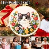 Zhenqing Kitten Embroidery Kit for Beginners, Pre-Printed 29x29cm Cotton Fabric with 20cm Hoop, Cute Cat in Flowers Design for Home Decor (C0243)
