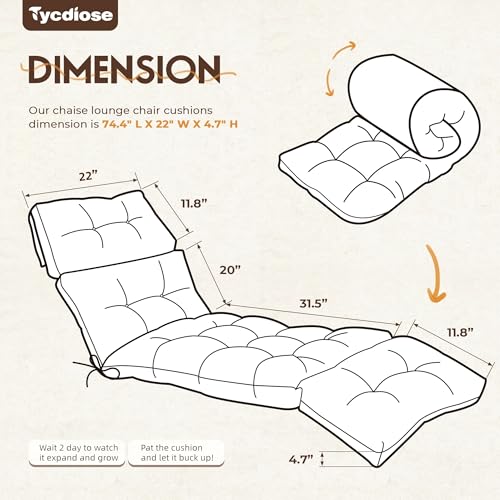 Tycdiose Outdoor Chaise Lounge Chair Cushion Waterproof 74.4 x 22 x 4.7 Inches Memory Foam Lounge Chair Cushions Replacement for Outdoor Furniture with Ties, Thickened Pool Lounge Chair Cushions, Grey Tycdiose