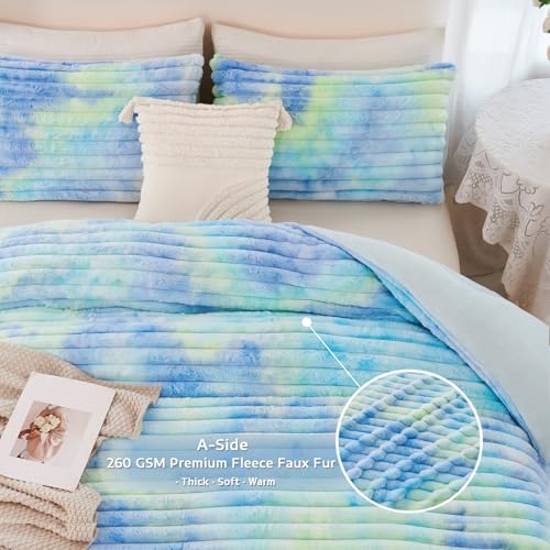 ZRNBAST Fluffy Duvet Cover Twin Size, Tie Dye Blue Green Plush Fleece Bedding Sets, Super Soft Faux Fur Bed Set with Zipper, Luxury Fuzzy Comforter Cover with 2 Pillowcases(Blue Green, Twin) ZRNBAST