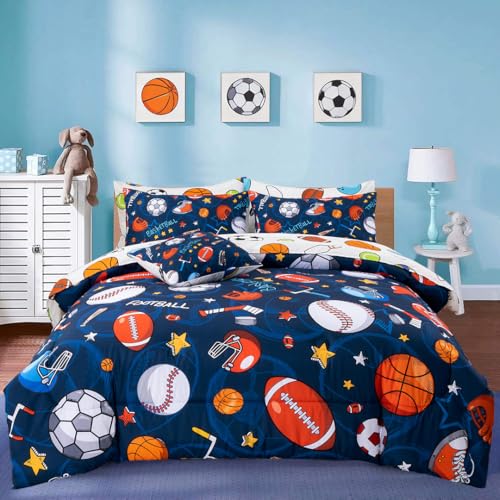 A Nice Night 6Pcs Bed in A Bag Full Sports Microfiber Modern Comforter Set,Navy Rugby Ball Printed Bedding Collections,for Boys Kids Teen A Nice Night