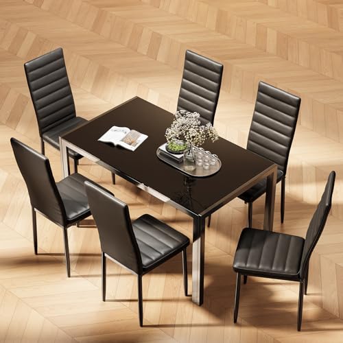 Bealife Kitchen Dining Table Set for 6, Tempered Glass 7 Piece Table and Chairs Set Modern for Home, Kitchen, Living Room, Dining Room,Black Bealife