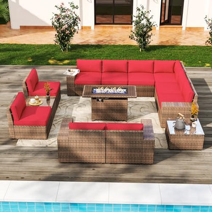 Aoxun Patio Furniture Set 13 Pieces Wicker Rattan Outdoor Furniture with 44” Fire Table Patio Sectional Sofa with Thickened Cushions, Red (Include Waterproof Cover)