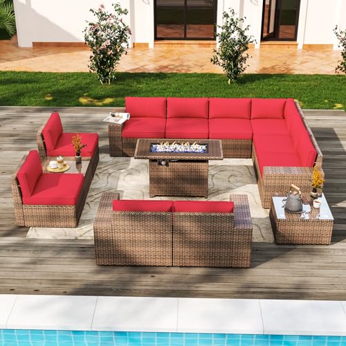 Aoxun Patio Furniture Set 13 Pieces Wicker Rattan Outdoor Furniture with 44” Fire Table Patio Sectional Sofa with Thickened Cushions, Red (Include Waterproof Cover) - WoodArtSupply