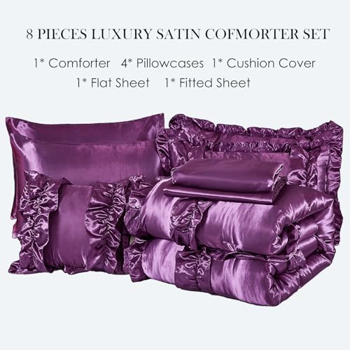 MOVE OVER Purple Satin Comforter Set King Size Purple Ruffle Bedding Set 8 Pieces Satin Bed in a Bag Farmhouse Shabby Chic Ruffle Design Silk Like Satin Comforter Sets MOVE OVER