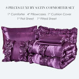 MOVE OVER Purple Satin Comforter Set King Size Purple Ruffle Bedding Set 8 Pieces Satin Bed in a Bag Farmhouse Shabby Chic Ruffle Design Silk Like Satin Comforter Sets MOVE OVER
