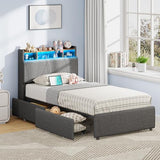 LIKIMIO Twin Bed Frame with 2 Storage Drawers, Charging Station & LED Lights, Upholstered Platform Twin Bed with Storage Headboard, Strong Wooden Slats, No Box Spring Needed, Easy Assembly, Grey LIKIMIO