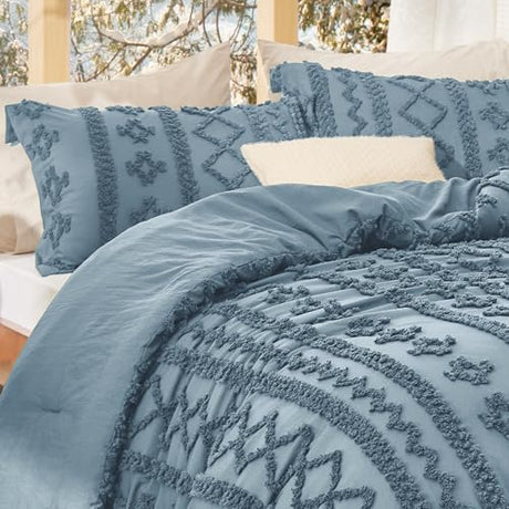 Bedsure Tufted Boho Comforter Set Queen Size - Dusty Blue Boho Bed Set, GentleSoft™ 3 Pieces Farmhouse Shabby Chic Embroidery Bedding, Gifts for Woman, Soft Jacquard Queen Comforter for All Seasons Bedsure