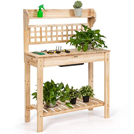 Giantex Garden Potting Bench, Outdoor Wood Work Table w/Sliding Tabletop, Planter Bench Work Station w/Removable Sink & Storage Shelves for Backyard Patio Balcony, Natural Giantex