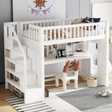 Bellemave Twin Size Low Loft Bed with Movable Desk & Storage Shelves, Kids Twin Loft Bed Frame with Storage Stairs & Hanger, White Bellemave