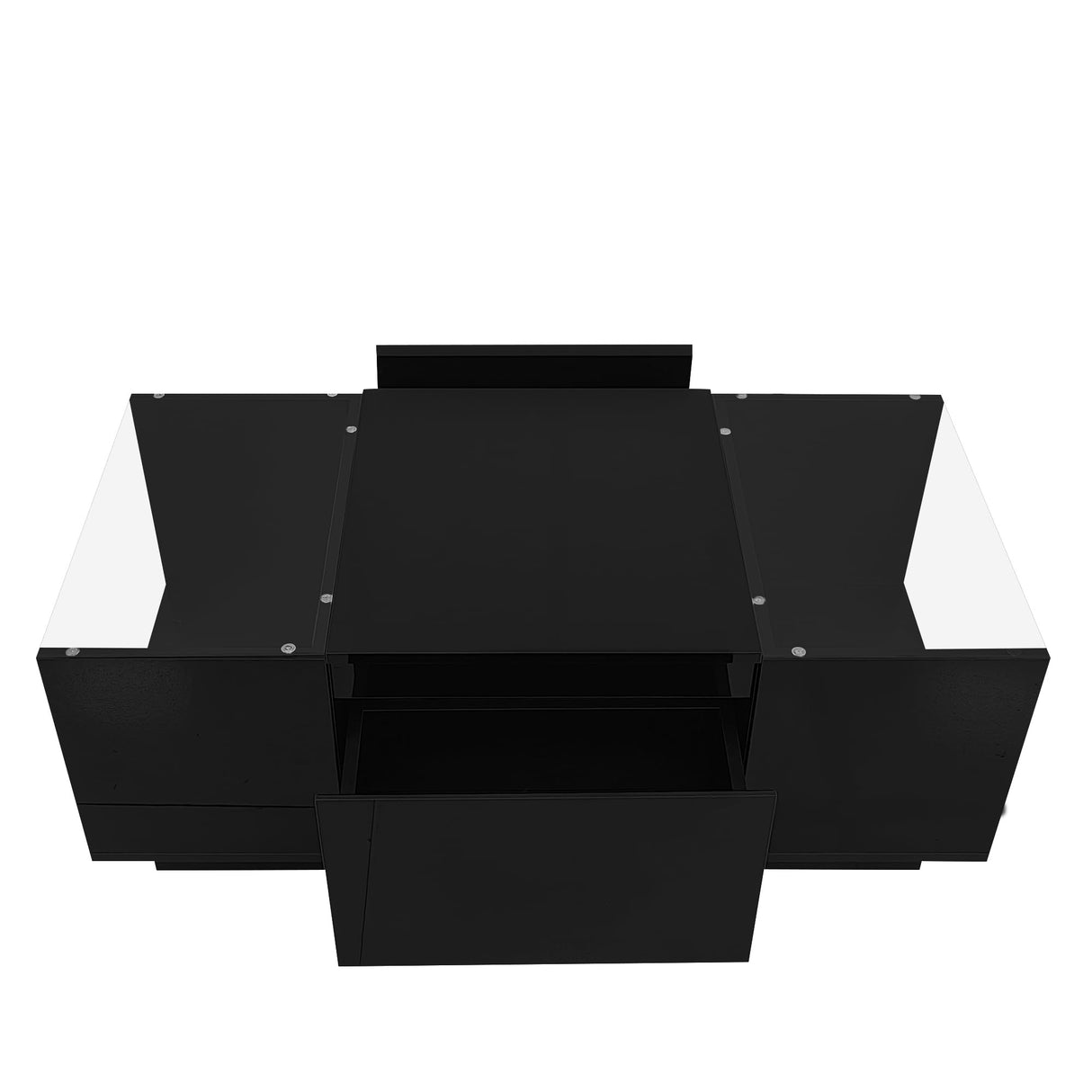 Black 2-Tier Rectangular Table with Tempered Glass Top and Drawers, LED Coffee Table with Storage, Modern High Gloss Black Coffee Table RuiSiSi