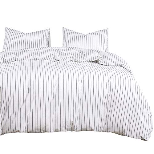Wake In Cloud - Striped Cotton Duvet Cover Set, Ticking Stripe Vertical Pinstripe Farmhouse, 100% Washed Cotton Textured Percale Bedding Set, 3 Pieces, White, King Size Wake In Cloud
