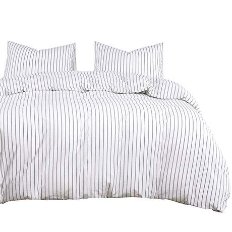 Wake In Cloud - Striped Cotton Duvet Cover Set, Ticking Stripe Vertical Pinstripe Farmhouse, 100% Washed Cotton Textured Percale Bedding Set, 3 Pieces, White, King Size Wake In Cloud