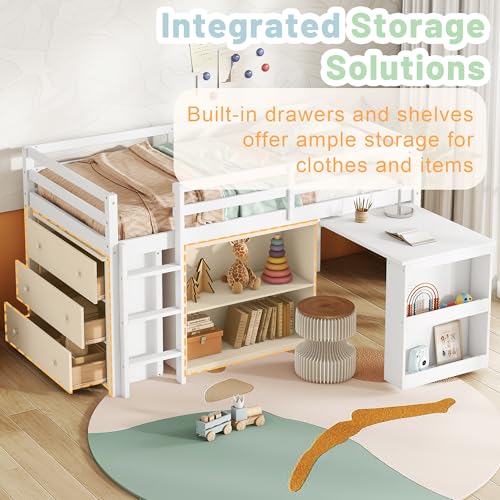 Low Loft Bed with Storage & Rolling Out Desk, Kids Twin Size Loft Beds with Bookcase & Drawers, Rubber Wood Junior Lofts Bed with Dresser/Shelves/Ladder/Guardrails for Boys Girls Teens, White Duxelifin