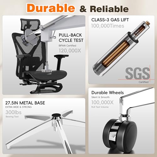 GABRYLLY Ergonomic Office Chair with Footrest, 135° Reclining Desk Chair with Adjustable Lumbar Support,3D Armrest,Headrest & Large Steel Base, 300LBS Heavy Duty Mesh Chair GABRYLLY