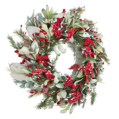 Skrantun 20 Inch Artificial Christmas Wreath Door Wreath with Lambs Ear Leaves Winter Wreath with Artificial Snow and Red Berries Christmas Decorations with Pine Needles for Home Wall Window Decor