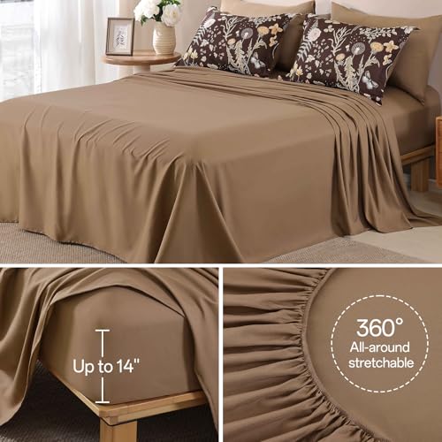 Yiran Brown Comforter Set Queen Size, 7 Piece Floral Comforter Bedding Set, Farmhouse Bed in a Bag, Soft Microfiber Complete Bedding Set with Sheets for All Season