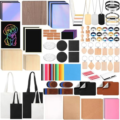 MiniInflat 253 Pcs Laser Engraving Material Kit Laser Cutting Engraving Materials Accessories Including Acrylic, PU Leather, Canvas, Wood, Metal, Felt, Rock, Glass, Rubber Materials for Laser Engraver MiniInflat