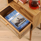 Rattan Nightstand Bedside Tables, Modern Wood Side Table Small End Table for Bedroom Living Room with Long Solid Wood Legs Drawer and Open Shelf HOCAT