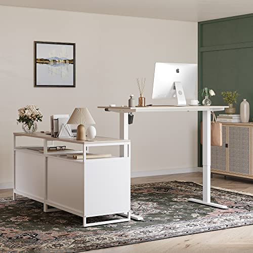 FEZIBO 66 Inch Executive L Shaped Standing Desk, Electric Height Adjustable Stand up Desk with 2-Drawer File Cabinet, Home Office Modern Wood Computer Desk with Shelves, White Frame/Light Walnut Top FEZIBO