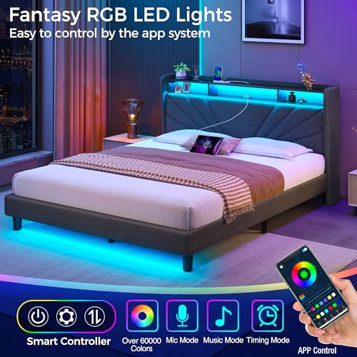 Rolanstar Queen Size Bed Frame, Storage Headboard with Charging Station and LED Lights, Upholstered Bed with Heavy Duty Wood Slats, No Box Spring Needed, Noise Free, Easy Assembly, Dark Grey Rolanstar