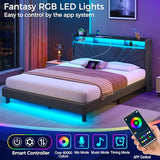 Rolanstar Queen Size Bed Frame, Storage Headboard with Charging Station and LED Lights, Upholstered Bed with Heavy Duty Wood Slats, No Box Spring Needed, Noise Free, Easy Assembly, Dark Grey Rolanstar