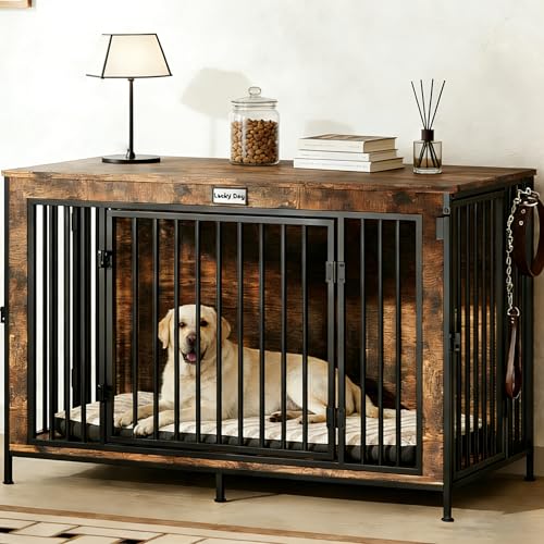 XL Dog Crate Furniture 48'' | Extra Large Heavy Duty Anti-Chew Dog Kennel | Rustic Wooden Entertainment Center & TV Stand with 350LB Top Capacity | Escape Proof Double Door Pet House FurnPulse