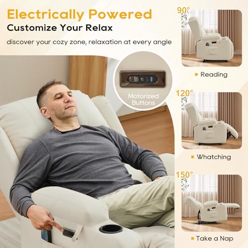IPKIG Power Recliner Chair for Adults, Wall Hugger RV Recliners with LED Lights/USB Ports/Pillow/Side Pockets, Overstuffed Electric Recliner Sofa Chair for Living Room, Home Theater (1, Creamy White)