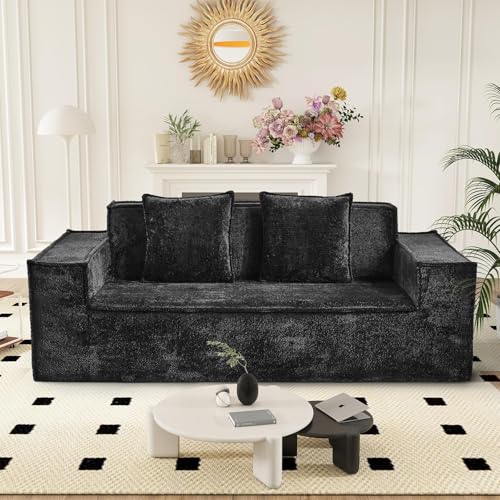 77'' Modern Cloud Loveseat Couch, No Assembly Required Deep Seat Sofa in Chenille Includes 2 pcs Pillows for Living Room, Bedroom, Apartment(Black) Luxanimarion