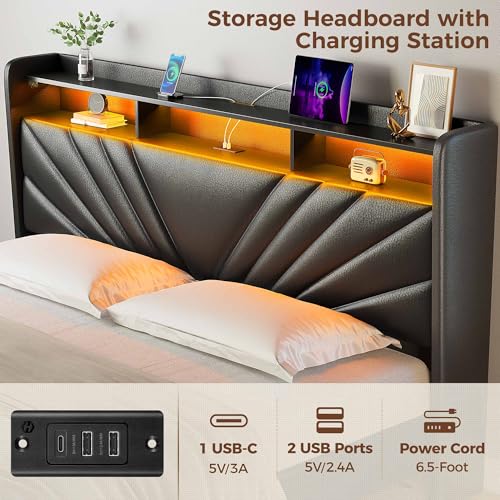Rolanstar King Size Bed Frame, Storage Headboard with Charging Station and LED Lights, Upholstered Bed with Heavy Duty Wood Slats, No Box Spring Needed, Noise Free, Easy Assembly, Black Rolanstar