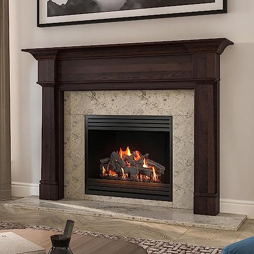 Modern Ember Grant 56x42 Inch Wood Fireplace Mantel Surround Kit | Unfinished - Elegant Design with Tiered Top Shelf and Cascading Legs; Includes Wooden Mantel Surround & Shelf