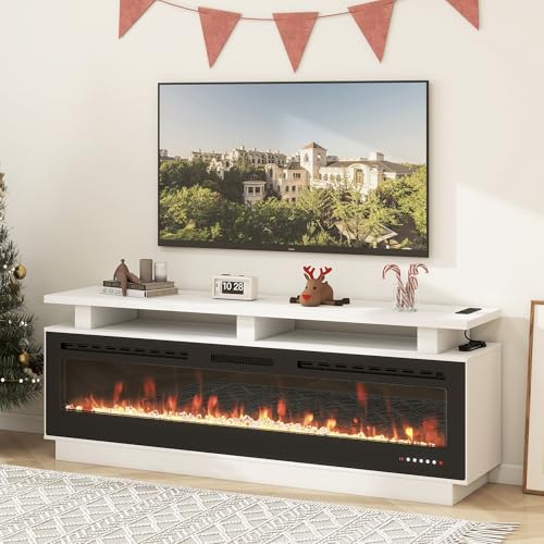 Fireplace TV Stand with 70" Smart Electric Fireplace, Wood Fireplace with Mantel, Modern Fire Place Cabinet with Socket for Living Room Farmhouse Entertainment Center (White, 70 ”) ROCSUMOO