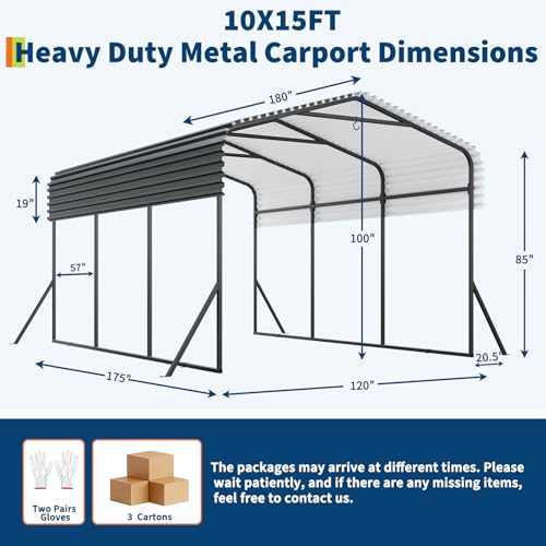 Metal Carport – Tall Carport with Reinforced Frame and Steel Roof, All-Weather Metal Car Port for Bass Boats, Sedans, and Tractors,10X15FT TROPOW