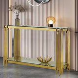 SSLine Modern Luxury Console Table Rectangular Glass Accent Entryway Table for Hallway Living Room, 2-Tier Storage, Gold Pipe Stainless Steel Frame Design SSLine