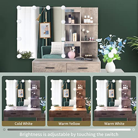 VINGLI Vanity Desk with Sliding Mirror & Lights & Charging Station & Drawers & Shelves, Farmhouse Modern Makeup Vanity Set with Stool for Bedroom VINGLI