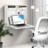 YUSING Wall Mounted Table, Multifunctional Fold Down Wall Mounted Laptop Computer Desk with Storage Compartments for Home, Office, White YU YUSING