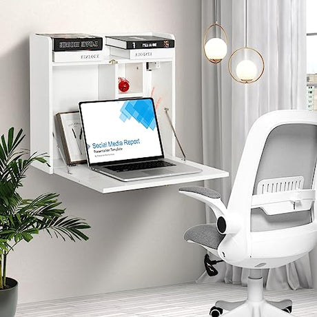 YUSING Wall Mounted Table, Multifunctional Fold Down Wall Mounted Laptop Computer Desk with Storage Compartments for Home, Office, White YU YUSING