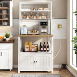 DWVO White Baker Rack with Power Outlet and Storage, Farmhouse Microwave Stand with Door for Kitchen, 5-Tiers Tall Coffee Bar Station Cabinet Thickened Counter with Hutch Shelves