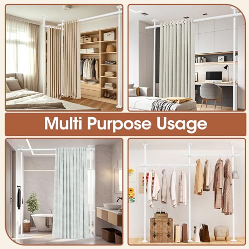 SUNALLY Room Divider Curtain Rod, No Drilling Room Separator for Space Partition Adjustable 4-10ft(H) 28-70inch(W) Heavy Duty Temporary Wall Divider Floor to Ceiling Tension Rod, White SUNALLY