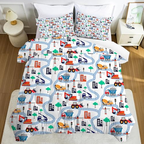 FUYEUN Cartoon Truck Comforter Set Twin: Construction Bedding Set for Boys Kids Children Bedroom Dorm White Cute Cars Quilt 1 Comforter + 1 Pillow Case FUYEUN