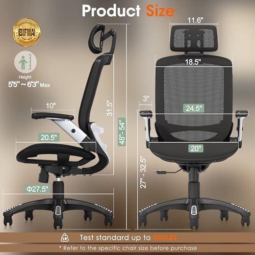 GABRYLLY Ergonomic Office Chair, High Back Home Desk Chair with Headrest, Flip-Up Arms, 90-120° Tilt Lock and Wide Cushion, Big and Tall Mesh Chairs for Man Woman, Black Task Chair GABRYLLY