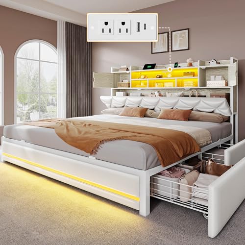 DWVO King Size Bed Frame with RGB LED Lights & Storage Bookcase Headboard, Upholstered Bed with Charging Station and 4 Drawers, No Box Spring Needed, Easy Assembly, Noise-Free, PU Leather White DWVO