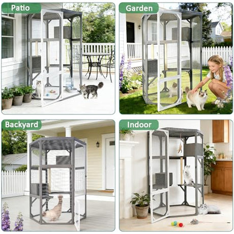 Catio Outdoor Cat Enclosures, Large Wood Cat House, Cat Enclosure Connect to Window with 2 Resting Box, 2 Platforms, 2 Scratching Pole FurrParner