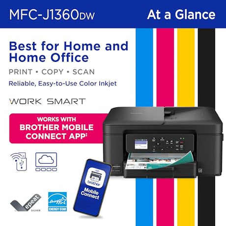 Brother Work Smart 1360 Wireless Color Inkjet All-in-One Printer with Automatic Duplex Printing and 1.8” Color Display | Includes Refresh Subscription Trial(1) (MFC-J1360DW) (Uses LC501 Series Inks) Brother