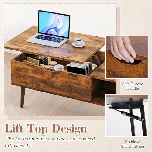OLIXIS Wooden Coffee Table, Lift Top Coffee Table with Large Hidden Compartment and Ample Storage Shelf, Lift Tabletop Dining Table for Living Room, Home Small Space, Rustic OLIXIS