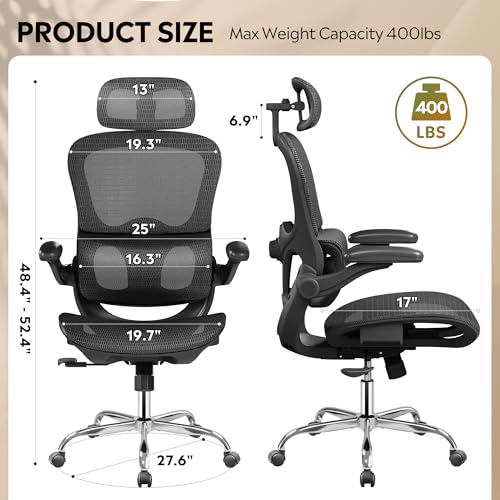 DEVAISE Ergonomic Mesh Home Office Desk Chair with Lumbar Support, High Back Reclining Computer Gaming Chair with Flip-up Armrests, 3D Headrest, Tilt Lock, Heavy Duty, SGS Class 4 Gas Lift, Black DEVAISE